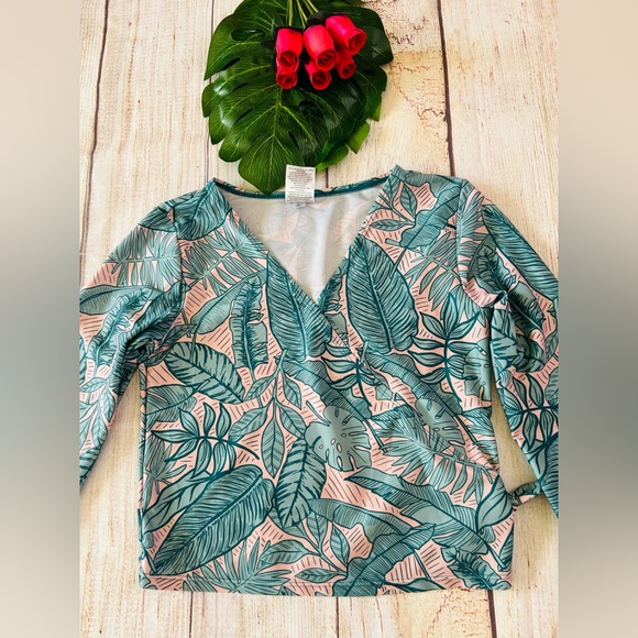 Art Class Girl’s Green Leaf Print V-Neck Long Sleeve Wrap Side Tie Rash Guard XL - Picture 5 of 7